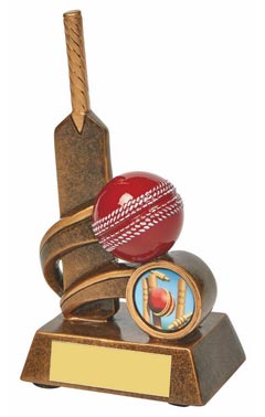 Resin Cricket Bat Trophy with Red Ball Ant Gold 14.5cm