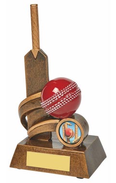 Resin Cricket Bat Trophy with Red Ball Ant Gold 18cm