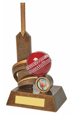 Resin Cricket Bat Trophy with Red Ball Ant Gold 21cm