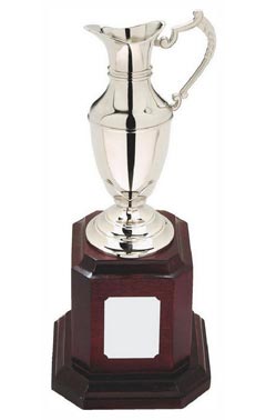 Nickel Plated Claret Jug on Tall Wood Plinth Silver 28cm