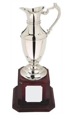 Nickel Plated Claret Jug on Tall Wood Plinth Silver 36cm