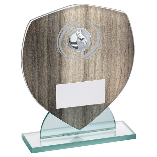 Wood Effect Glass Shield With Horse Insert And Plate - 5.5In