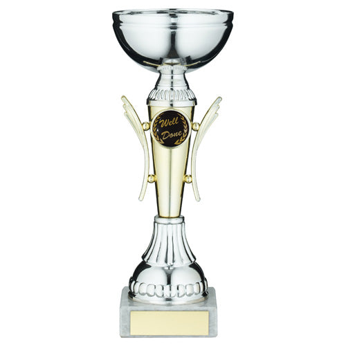 Silver/Gold Winged Trophy Cup With Plate (1in Centre) - 8.75In