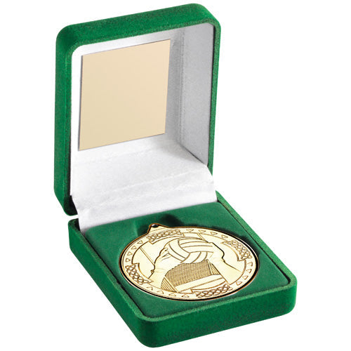 Green Velvet Box And 50Mm Medal Gaelic Football Trophy Gold - 3.5In