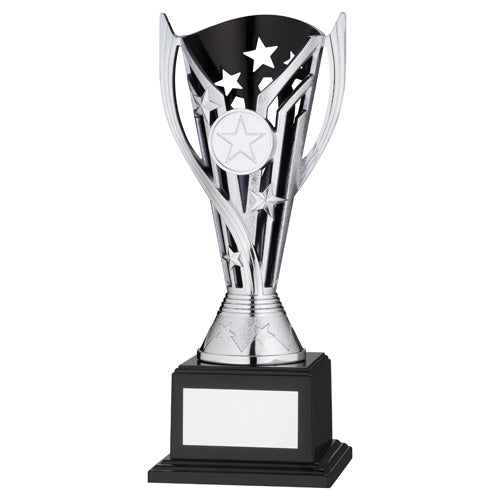 Silver/Black Plastic 'Flash' Cup On Base Assembled Trophy (1" Cen) - 9.5In
