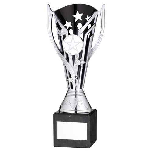 Silver/Blk Plastic 'Flash' Cup On Blk Marble Assembled Trophy (1" Cen) - 10In