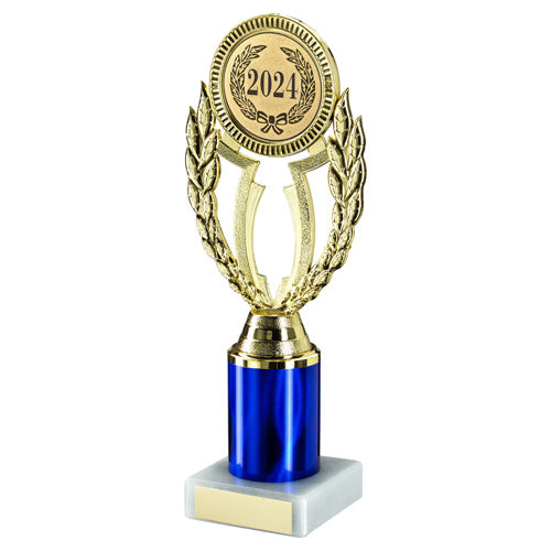 Gold/Blue 'Wreath' Holder Assembled On Marble (2" Cen/1" Tube) - 7.75In