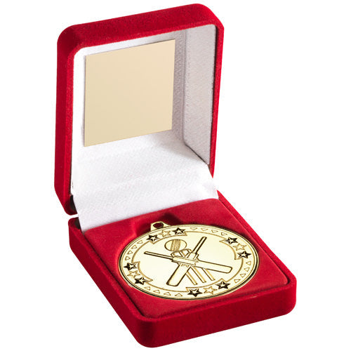 Red Velvet Box And 50Mm Medal Cricket Trophy Gold - 3.5In
