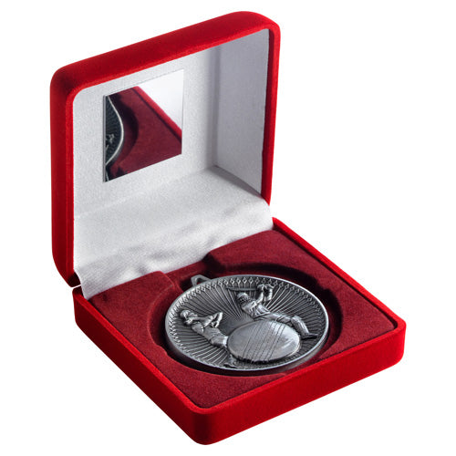 Red Velvet Box And 60Mm Medal Cricket Trophy Antique Silver - 4In