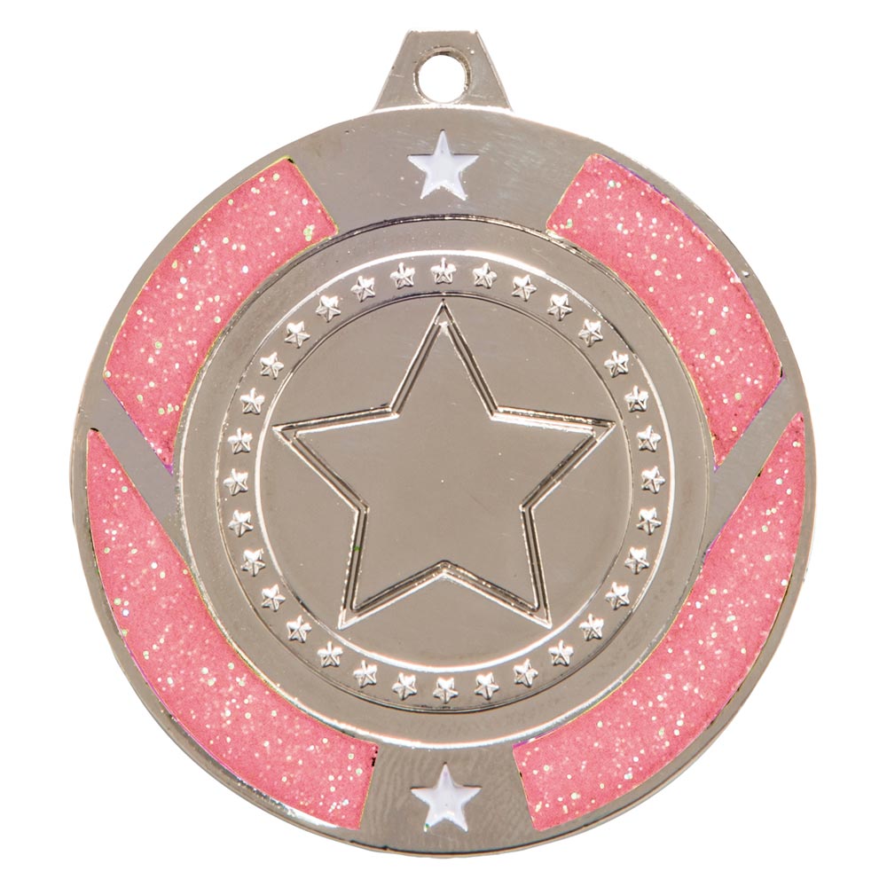 Glitter Star Medal Silver & Pink 50mm