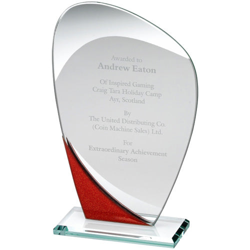 Jade Glass Curved Plaque With Red/Silver Detail (4Mm Thick) - 6.5In