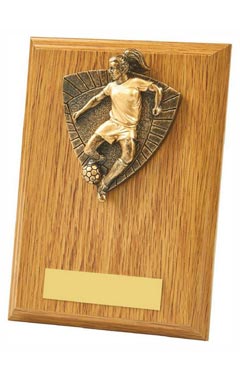 Female Footballer Wood Plaque Award Light Oak 15cm