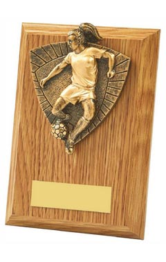 Female Footballer Wood Plaque Award Light Oak 13cm