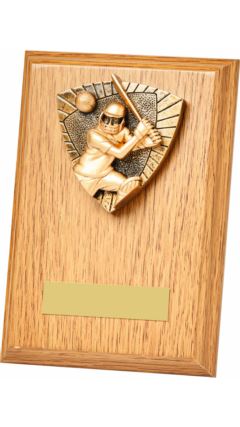 Cricket Batsman Wood Plaque Light Oak 15cm