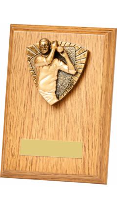 Cricket Bowler Wood Plaque Male Light Oak 15cm