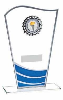 Glass Award with Blue Waves and Silver Trim Blue 20cm