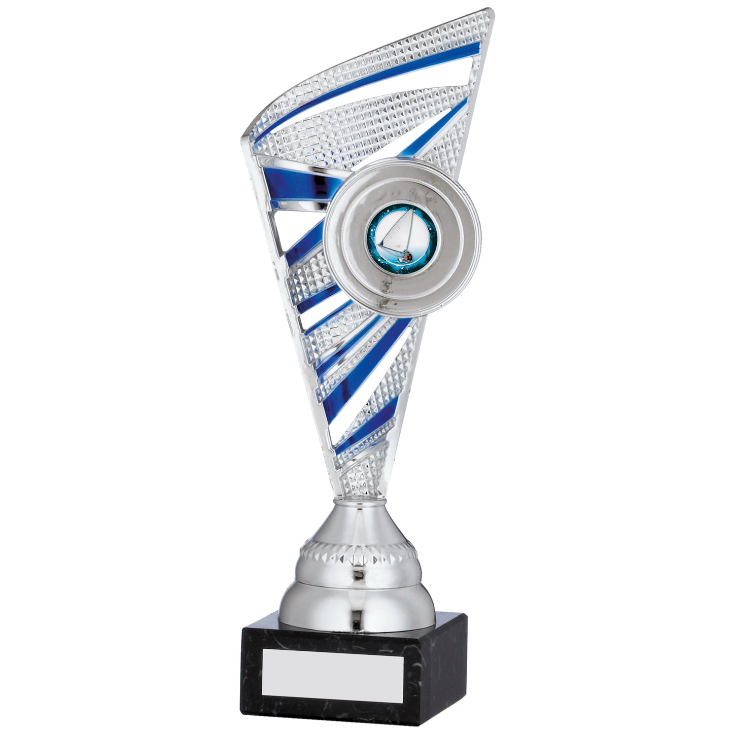 9.75" SILVER AND BLUE TROPHY 25cm