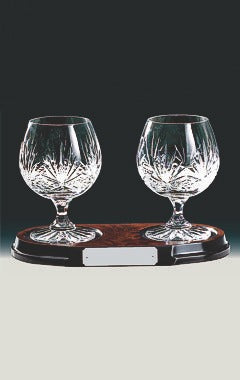 Two Crystal Brandy Balloons on Wood Stand Clear 13.5cm