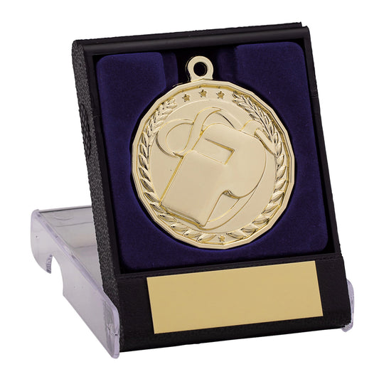 50MM GOLD FOOTBALL REFEREE MEDAL IN BOX