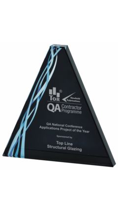 Triangular Blue Glass Award - Black Background Clear 20cm