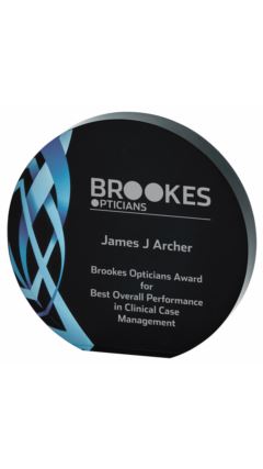 Circular Blue Glass Award - Black Background Clear 14cm