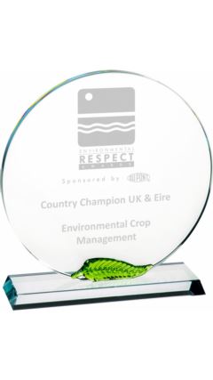 Clear Glass Award with Green Leaf Clear 17cm