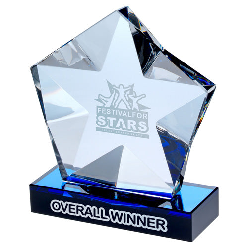 Clear Glass Pentagon Plaque With Star Detail On Black/Blue Base - 5.75In