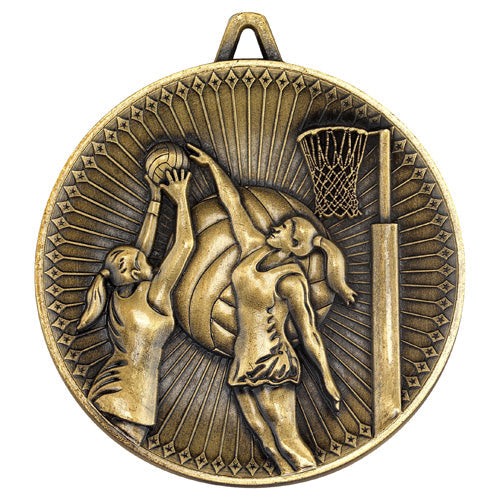 Netball Deluxe Medal Antique Gold - 2.35In