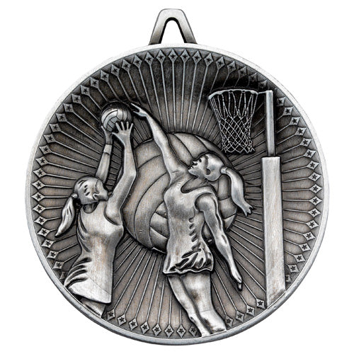 Netball Deluxe Medal Antique Silver - 2.35In