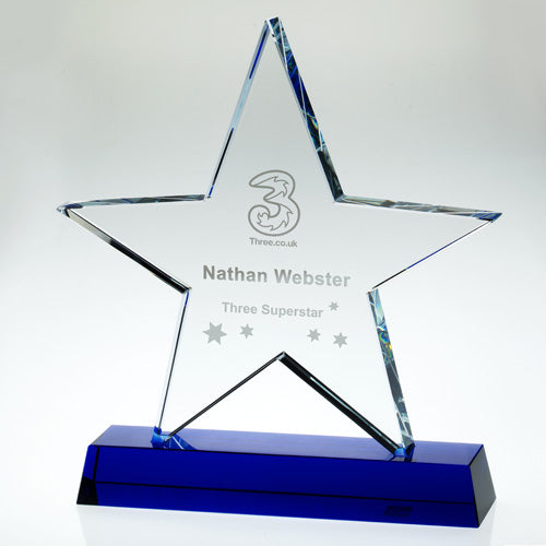 Clear Glass Star Plaque On Blue Base (19Mm Thick) - 7.25In