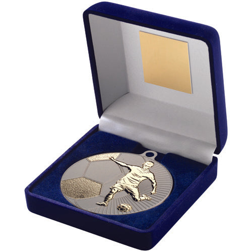 Blue Velvet Box And 70Mm Football Medal Trophy Matt Silver/Gold - 4In