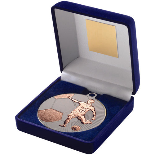 Blue Velvet Box And 70Mm Football Medal Trophy Matt Silver/Bronze - 4In