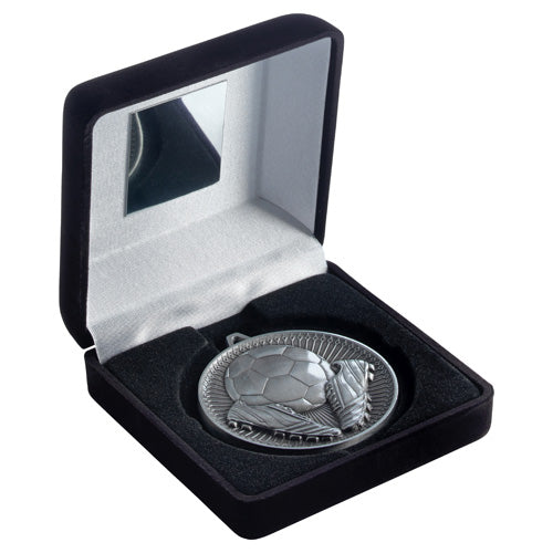 Black Velvet Box And 60Mm Medal Football Trophy Antique Silver - 4In