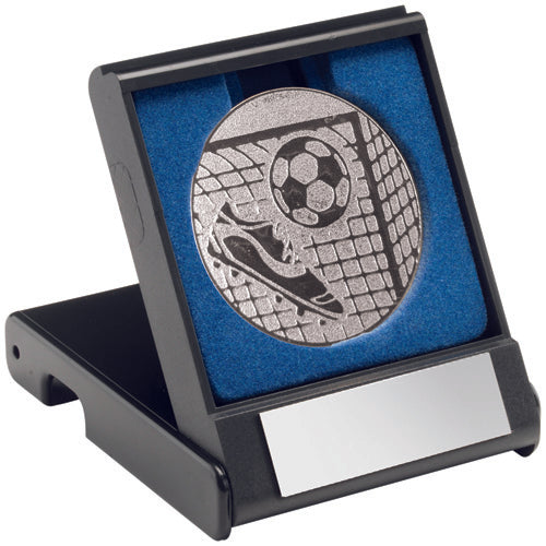 Black Plastic Box With Football Insert Trophy Silver - 3.5In