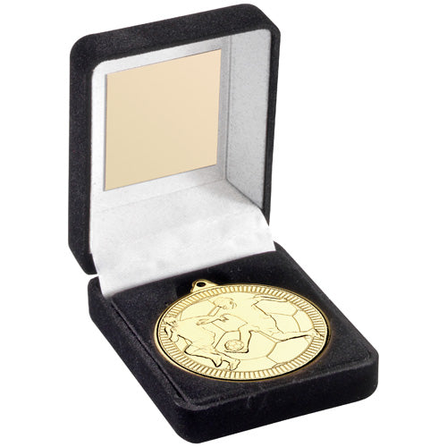 Black Velvet Box And 50Mm Medal Football Trophy Gold - 3.5In