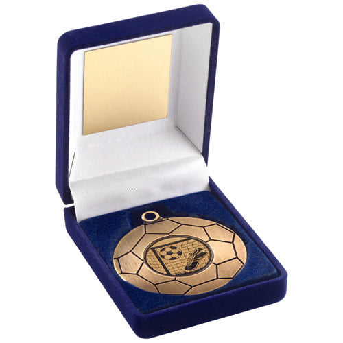 Blue Velvet Box And 50Mm Football Medal Trophy Antique Gold (1in Cen) - 3.5In