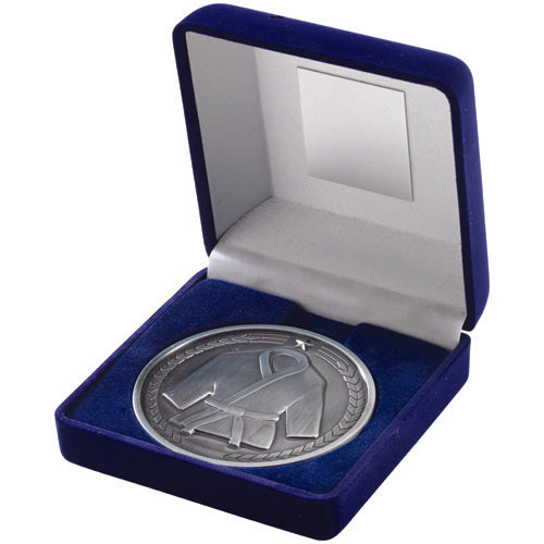 Blue Velvet Box And 70Mm Medallion Martial Arts Trophy Antique Silver - 4In