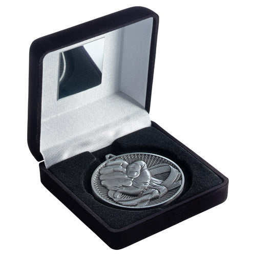 Black Velvet Box And 60Mm Medal Martial Arts Trophy Antique Silver - 4In