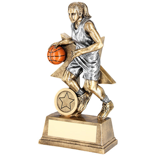 Brz/Pew/Orange Female Basketball Figure With Star Back With Plate (1in Cen) - 6"