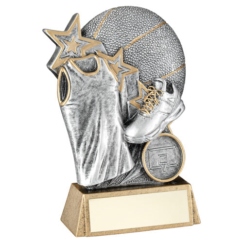 Pew/Gold Basketball With Shoe/Shirt On Brz Base With Plate (1in Cen) - 5.25"