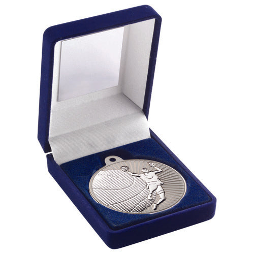 Blue Velvet Box And 50Mm Basketball Medal Trophy Matt Silver/Silver - 3.5In