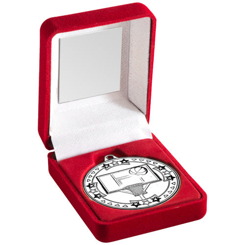 Red Velvet Box And 50Mm Medal Basketball Trophy Silver - 3.5In