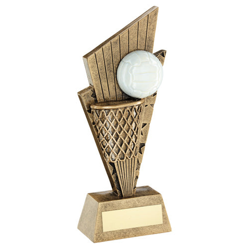 Brz/Gold/White Netball And Net On Pointed Backdrop With Plate - 6In