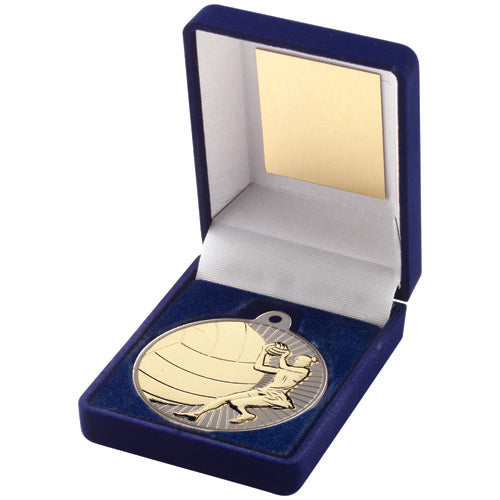 Blue Velvet Box And 50Mm Netball Medal Trophy Matt Silver/Gold - 3.5In