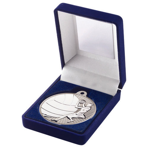 Blue Velvet Box And 50Mm Netball Medal Trophy Matt Silver/Silver - 3.5In