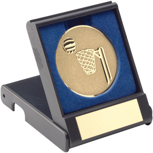 Black Plastic Box With Netball Insert Trophy Gold - 3.5In