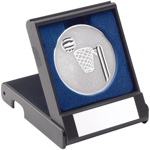 Black Plastic Box With Netball Insert Trophy Silver - 3.5In