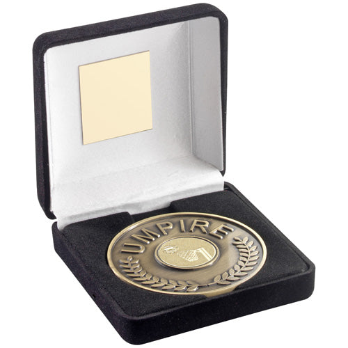 Blk Velvet Box And 70Mm Umpire Medallion With Netball Insert Ant Gold - 4In