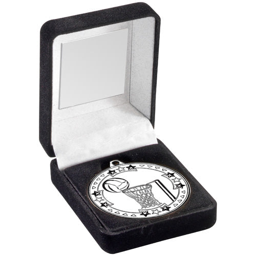 Black Velvet Medal Box And 50Mm Medal Netball Trophy Silver - 3.5In