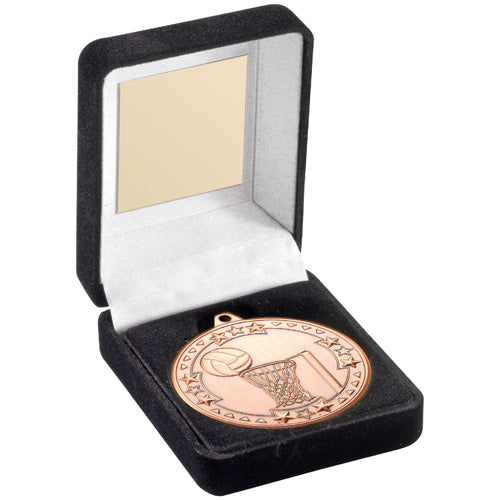 Black Velvet Medal Box And 50Mm Medal Netball Trophy Bronze - 3.5In